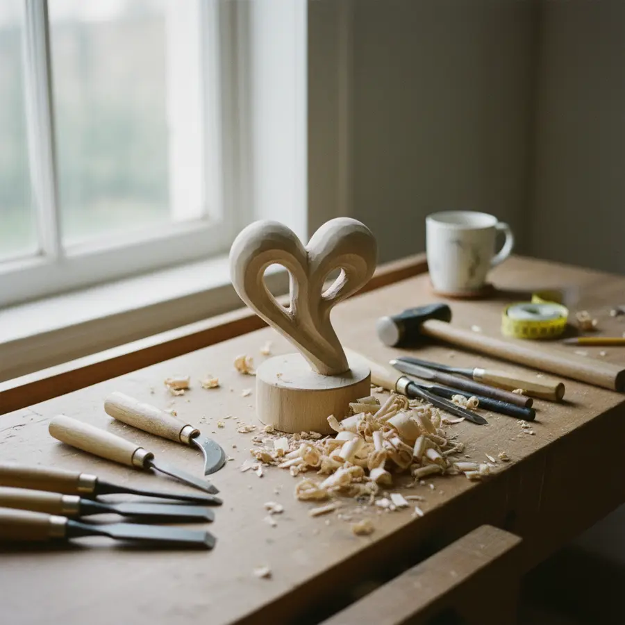 Muttertagsgeschenk aus Holz selbst machen: 5 emotionale DIY-Ideen & Symbolik - Photo Muttertagsgeschenk aus Holz selbst machen: Werkstatt mit Holzfiguren und Werkzeugen
