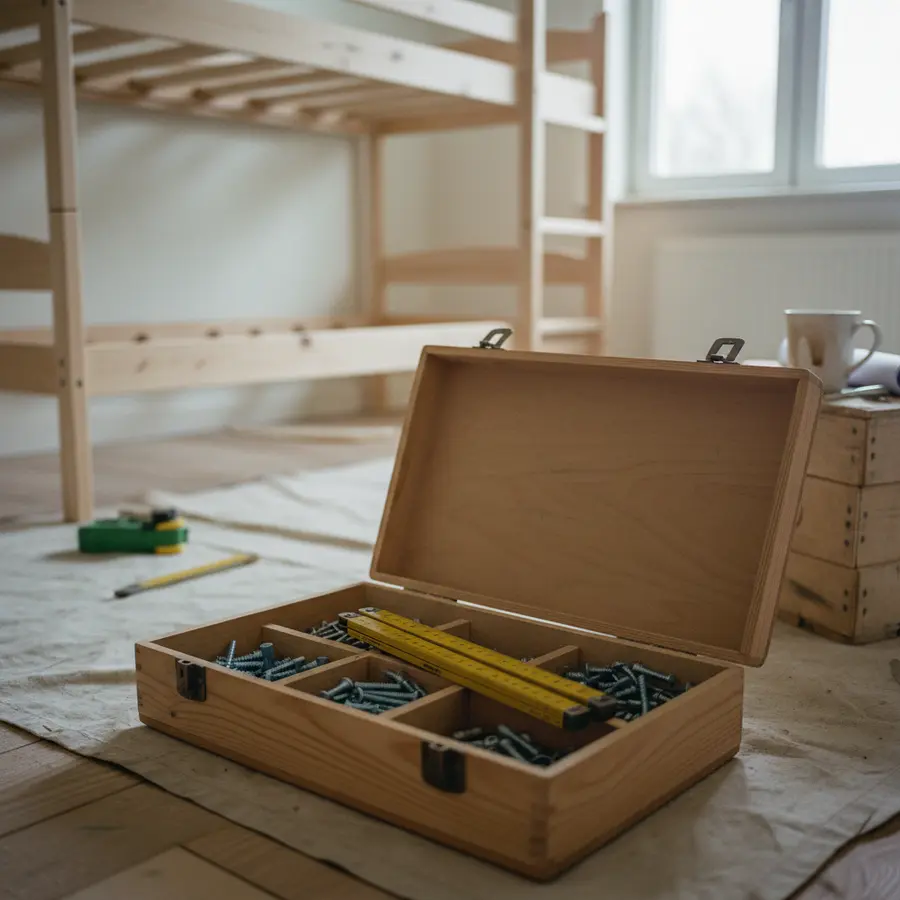 PAIDI Etagenbetten kaufen: Große Auswahl & Top Preise - Photo PAIDI Etagenbetten kaufen: Werkzeugkiste mit Schrauben auf Kinderzimmerbaustelle