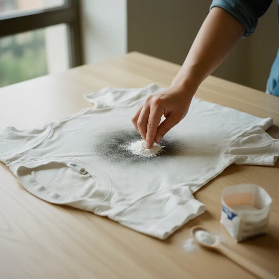 Ruß aus Kleidung entfernen: Anleitung & die besten Hausmittel - Photo Ruß aus Kleidung entfernen: Frischer Rußfleck auf Baumwollshirt mit Backpulver.