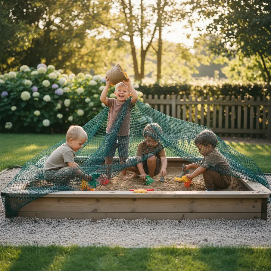 Sandkasten abdecken: Plane oder Netz? So vermeiden Sie Schimmel - Photo Sandkasten abdecken: Kinder spielen im gepflegten Netz-Sandkasten bei Sonnenschein