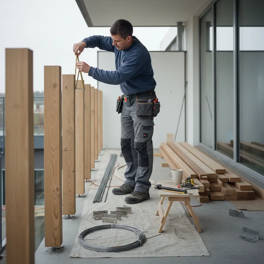 Terrassengeländer Planung: Vorschriften, Höhe & Material-Vergleich - Photo Terrassengeländer Planung: Handwerker misst, Holz- und Metallteile für Geländer liegen bereit