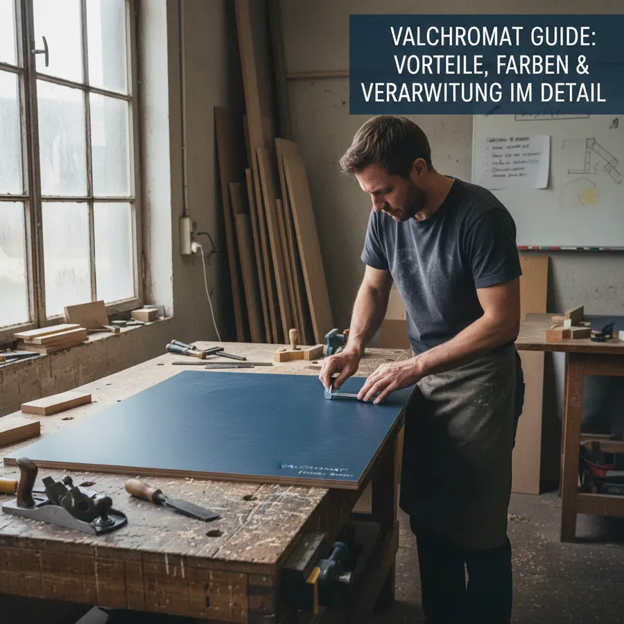 Valchromat Guide: Vorteile, Farben & Verarbeitung im Detail - Photo Werkstatt mit Valchromat-Platte, Handwerker prüft die Kante bei Tageslicht