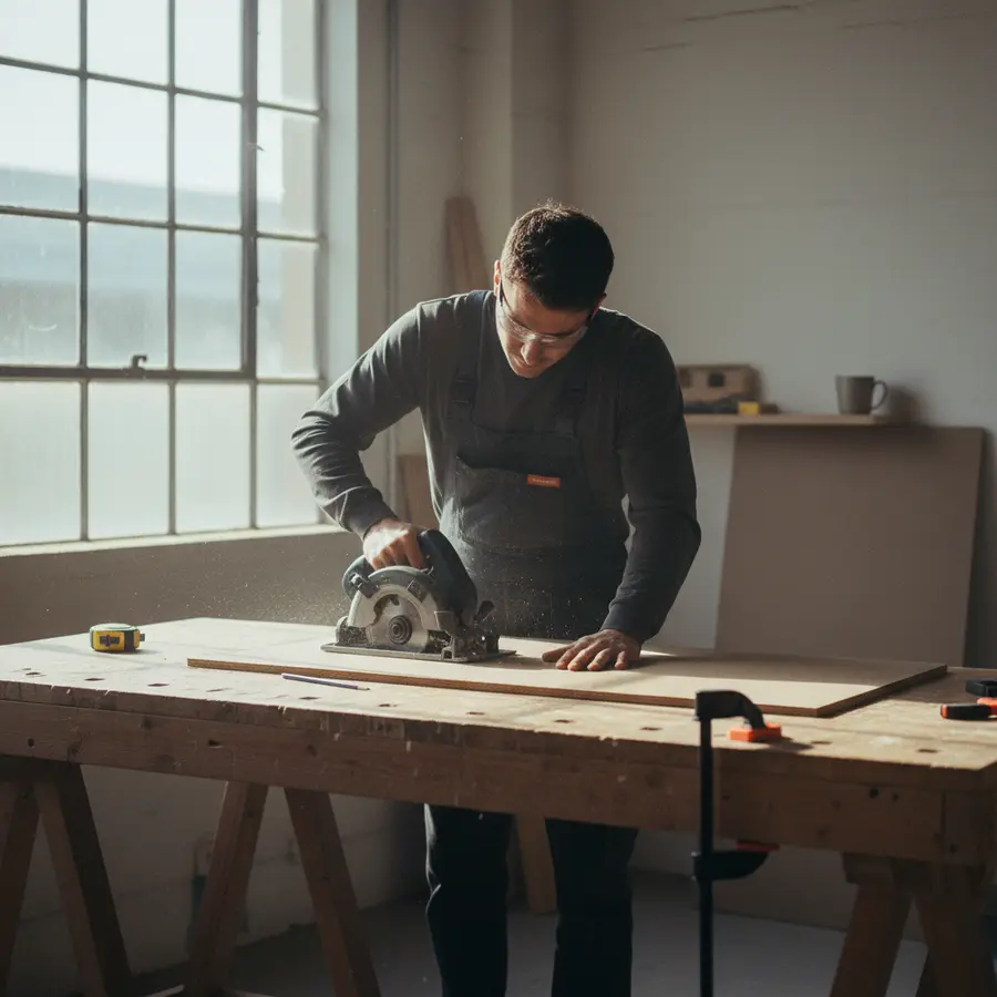 Wandvertäfelung selber bauen: Ideen & DIY-Anleitung für modernes Design** - Photo Wandvertäfelung selber bauen: Jemand sägt MDF-Platte auf Werkbank, Sonnenlichtstyle
