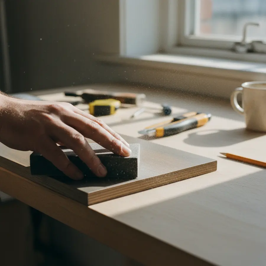 Wandvertäfelung selber bauen: Ideen & DIY-Anleitung für modernes Design** - Photo Wandvertäfelung selber bauen: Schleifen einer lackierten Holzkante, Staub sichtbar