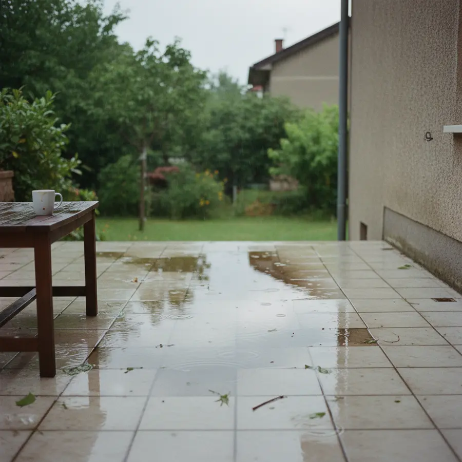 Wetterfeste Platten für außen: Material-Guide für Garten & Fassade - Photo Wetterfeste Platten für außen auf Terrasse nach Sommerregen mit Pfützen