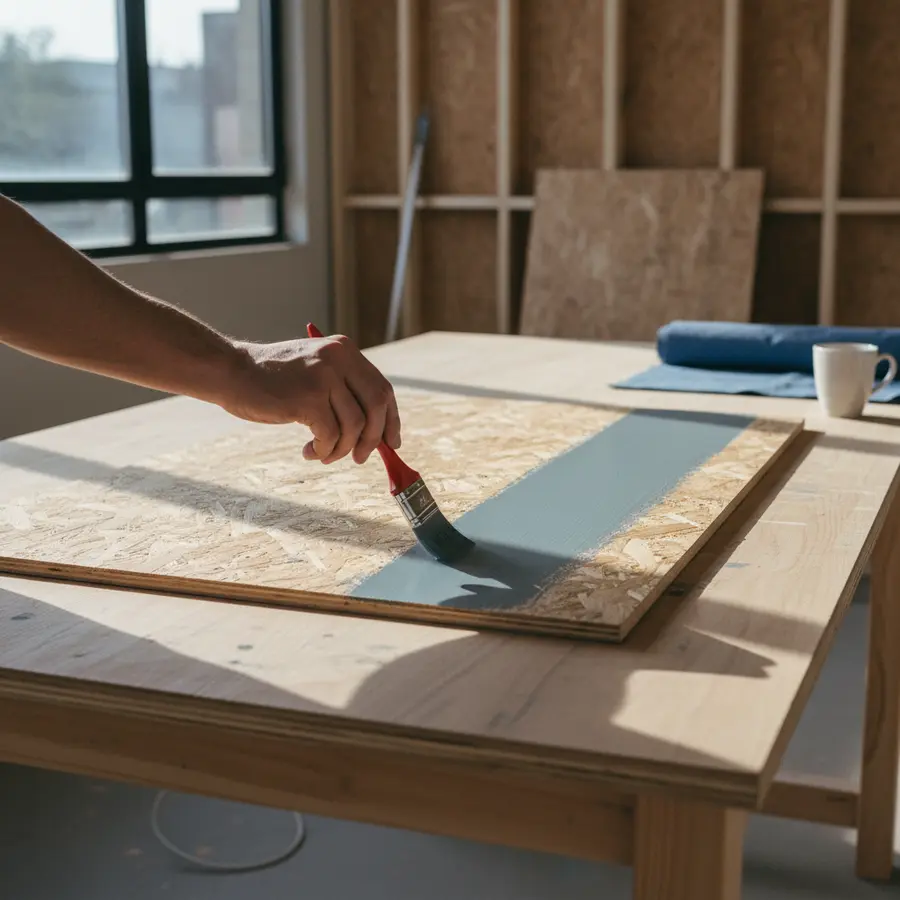 Wetterfeste Platten für außen: Material-Guide für Garten & Fassade - Photo Wetterfeste Platten für außen: Hand streicht OSB-Platte mit Wetterschutzfarbe