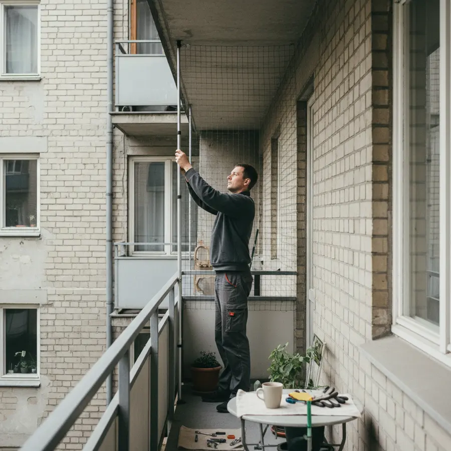 Balkon absichern für Katzen: 3 Befestigungen im Alltagstest - Photo Balkon absichern für Katzen: Montage eines Katzennetzes mit Teleskopstange
