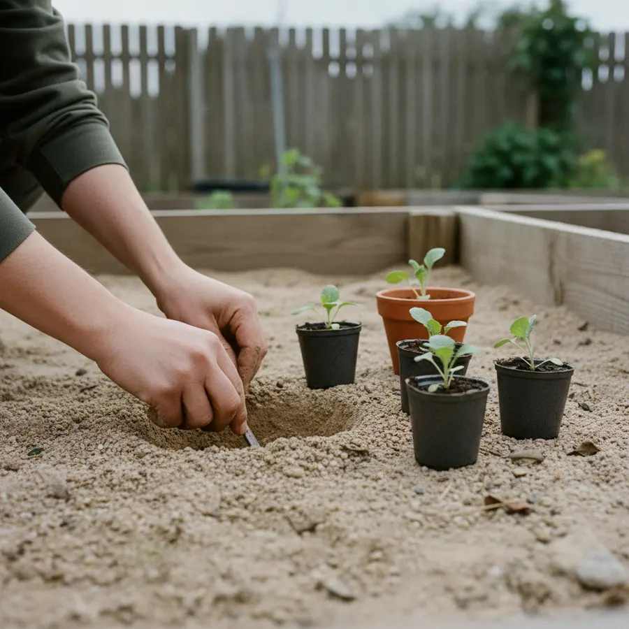 Blühendes Staudenbeet auf Sandboden: Mein Test mit 5 robusten Pflanzen - Photo Blühendes Staudenbeet auf Sandboden: Hände graben in sandigem Gartenboden