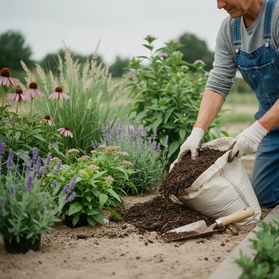 Blühendes Staudenbeet auf Sandboden: Mein Test mit 5 robusten Pflanzen - Photo Blühendes Staudenbeet auf Sandboden, Gärtner legt Mulch nach meinem Test