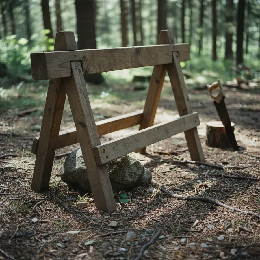 Den richtigen Sägebock finden: Worauf es bei der Stabilität wirklich ankommt - Photo Den richtigen Sägebock finden: Holz-Sägebock auf unebenem Boden bei Sonne