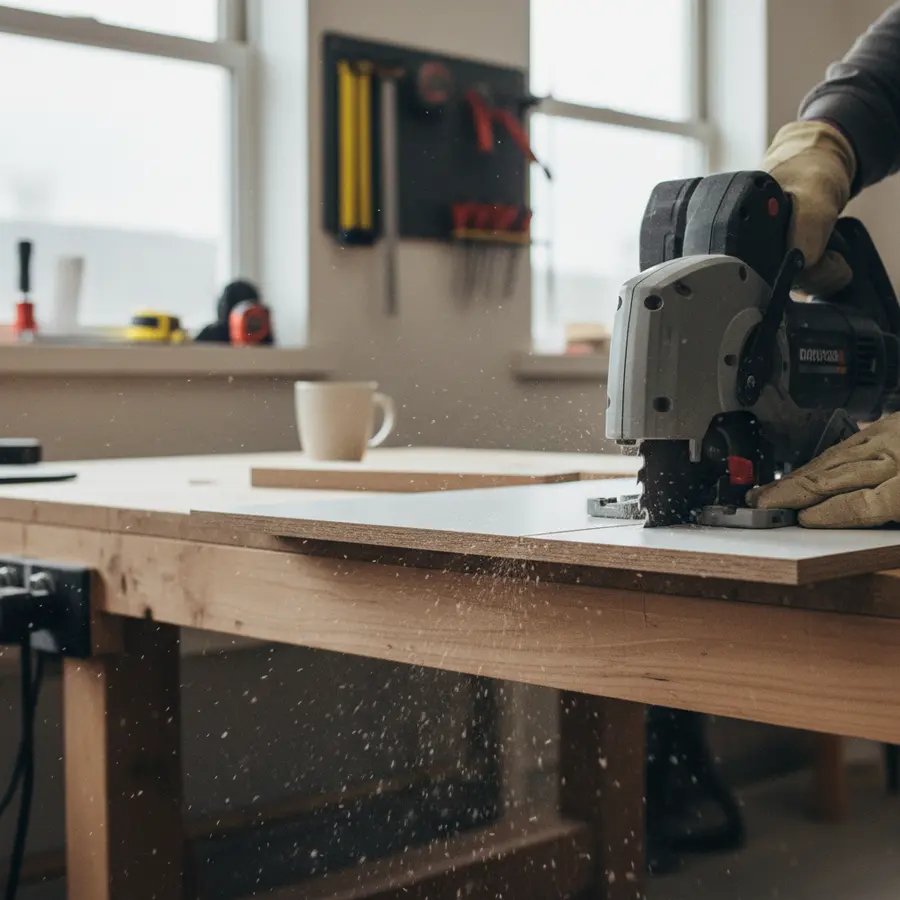 Eine Tauchsäge richtig nutzen: Drei Details für saubere Kanten ohne Ausreißen - Photo Tauchsäge richtig nutzen: Sägeblatt schneidet Spanplatte mit sauberen Kanten