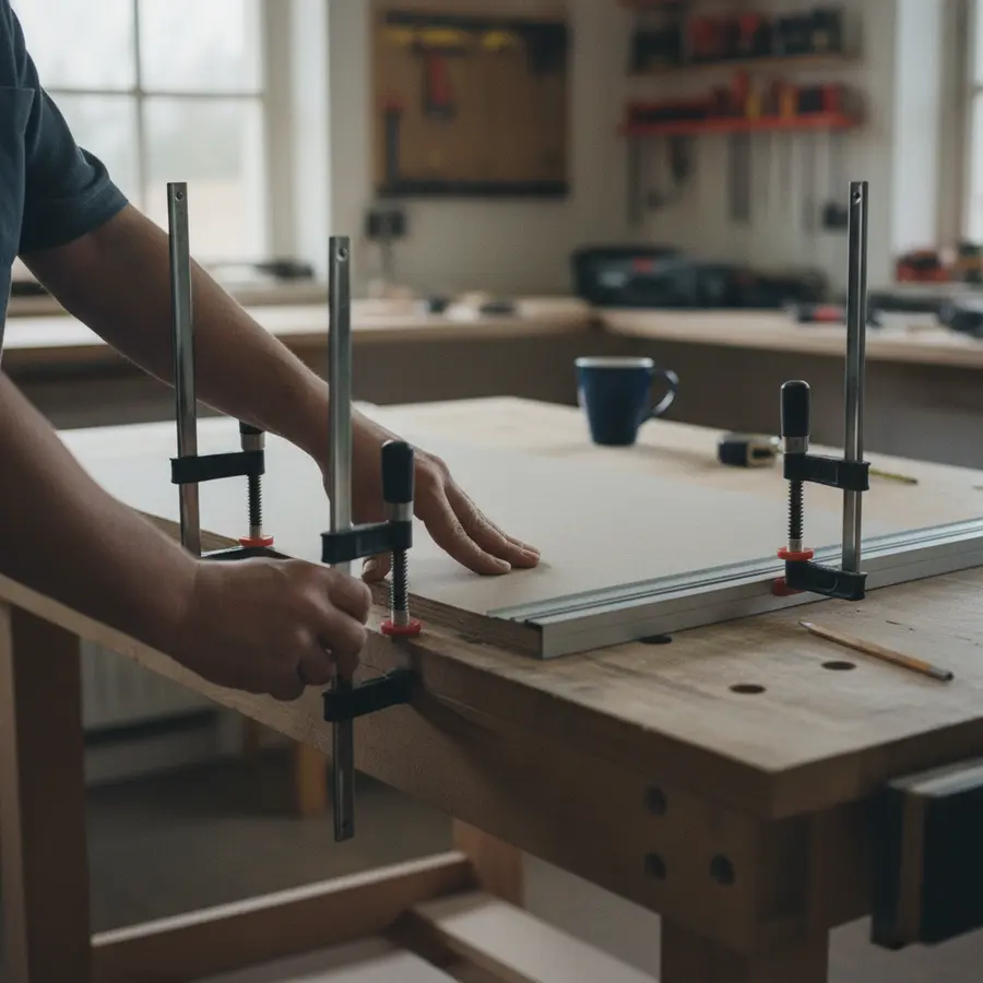 Eine Tauchsäge richtig nutzen: Drei Details für saubere Kanten ohne Ausreißen - Photo Tauchsäge richtig nutzen: Hände befestigen Spanplatte mit Schraubzwingen auf Werkbank