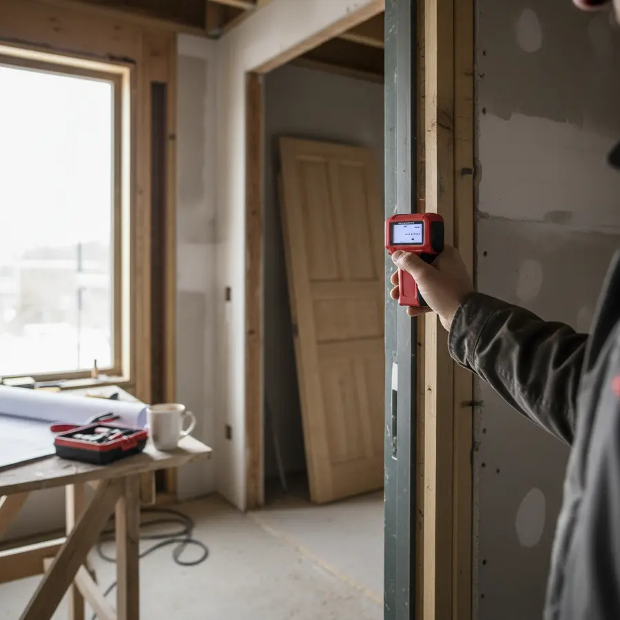 Eingangstür auswählen: Drei Dinge, die in keinem Datenblatt stehen - Photo Eingangstür auswählen: Hand mit Lasermessgerät an Türrahmen auf Baustelle