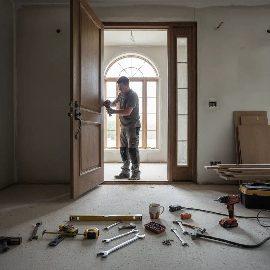 Eingangstür auswählen: Drei Dinge, die in keinem Datenblatt stehen - Photo Eingangstür auswählen: Handwerker montiert massive Haustür auf Baustelle