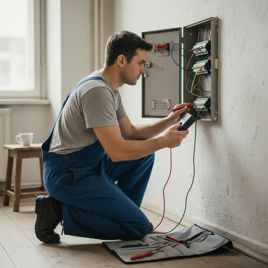 Elektroherd selbst anschließen: Darauf habe ich bei der Verkabelung geachtet - Photo Elektroherd selbst anschließen: Elektriker prüft Sicherungskasten in alter Wohnung