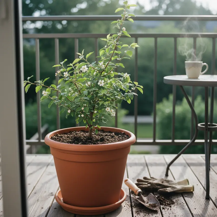 Felsenbirne Baum im Garten: Meine Erfahrungen mit Pflege und Ernte - Photo Felsenbirne Baum im Garten: Junger Felsenbirnenstrauch im Pflanztopf auf Balkon