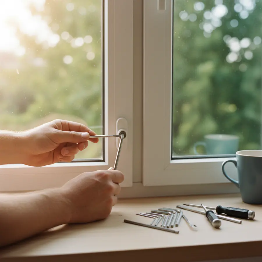 Fenster einstellen einfach gemacht: Meine Anleitung in 5 Schritten - Photo Fenster einstellen einfach gemacht: Hände lösen Fenstergriff mit Inbusschlüssel im Sonnenlicht