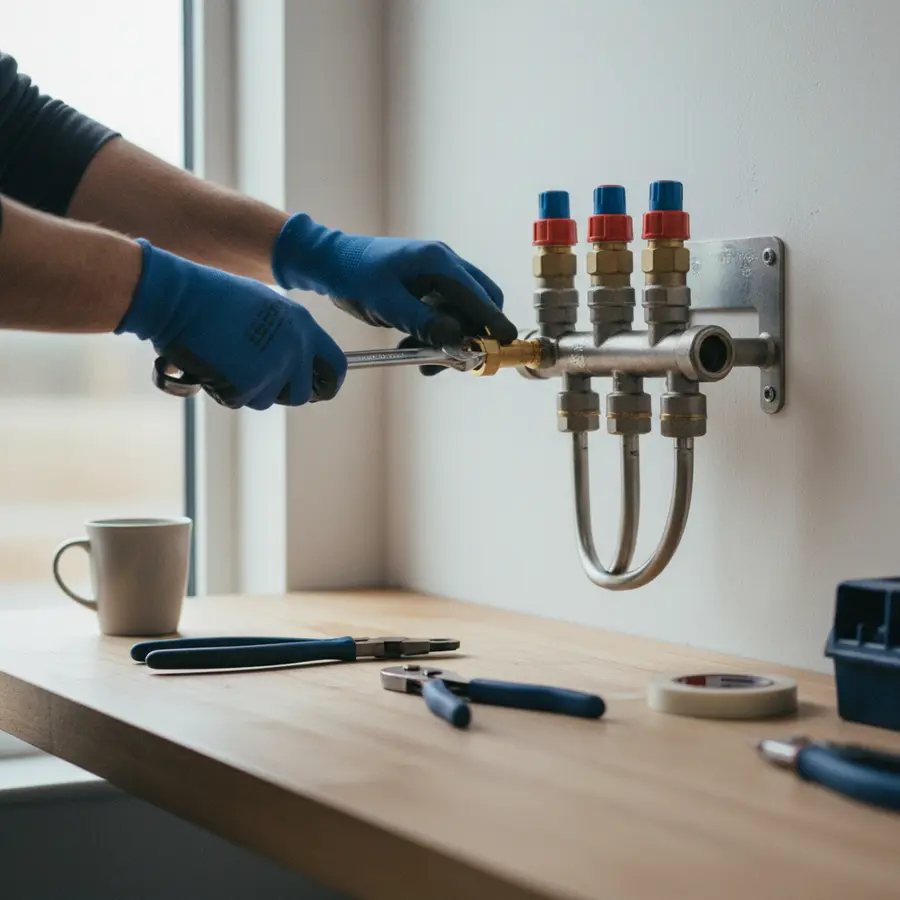 Fußbodenheizung entlüften: Meine Schritt-für-Schritt-Anleitung für das Heizkreis-Spülen - Photo Fußbodenheizung entlüften: Hand schraubt Entlüftungskopf an Heizkreisverteiler