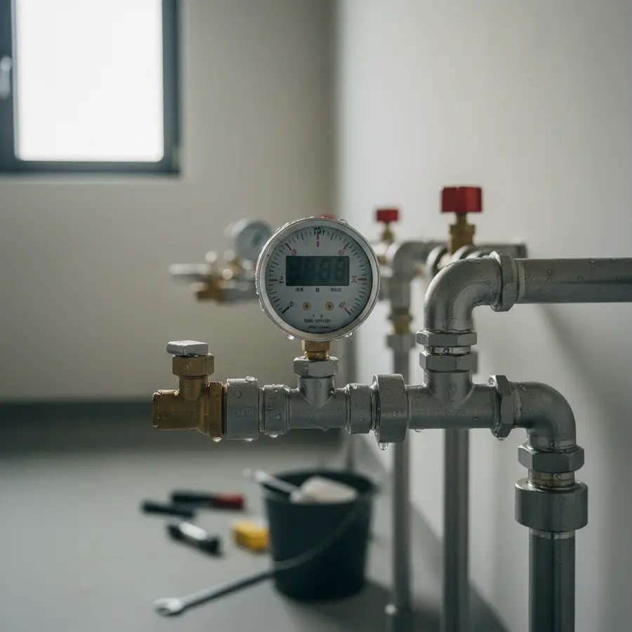 Fußbodenheizung entlüften: Meine Schritt-für-Schritt-Anleitung für das Heizkreis-Spülen - Photo Fußbodenheizung entlüften: Digitales Manometer am Heizkreisverteiler mit Wasserflecken