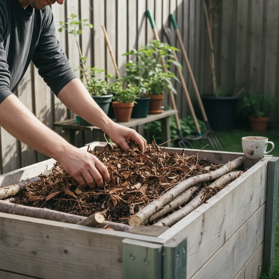 Hochbeet befüllen ohne teure Zukäufe: So habe ich meinen Gartenabfall genutzt - Photo Hände befüllen Hochbeet mit Gartenabfall, natürliche Zukauf vermeiden