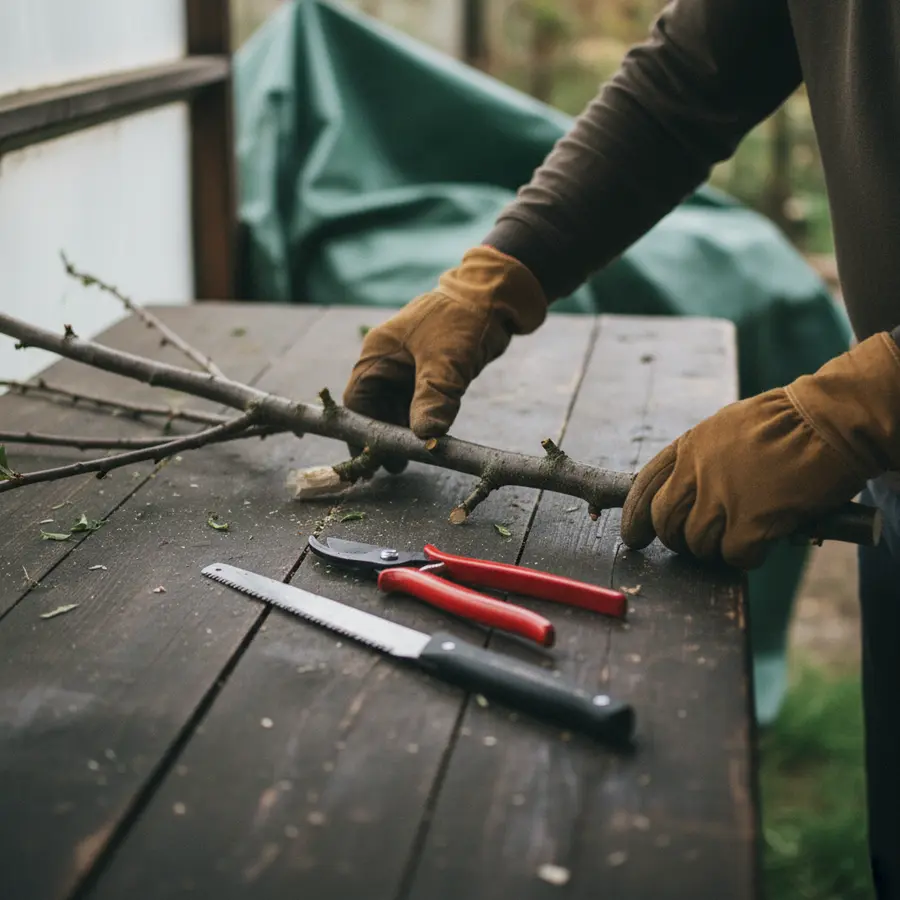 Kirschbaum schneiden ohne Hektik: So bin ich Schritt für Schritt vorgegangen - Photo Kirschbaum schneiden ohne Hektik: Nahaufnahme mit Astschere und handschellen Astnägel