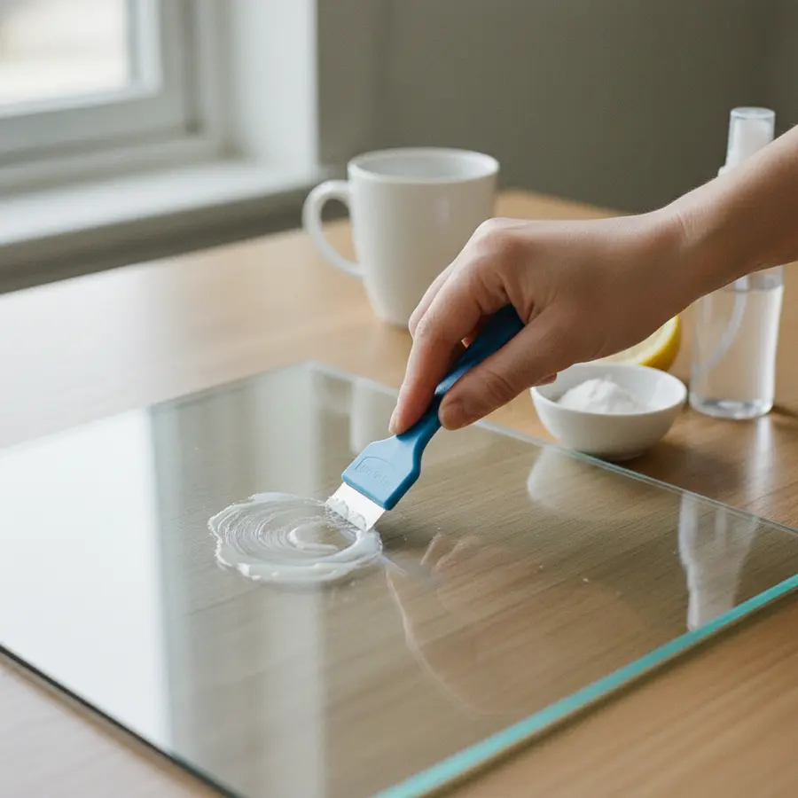 Klebereste entfernen: 3 einfache Hausmittel im Praxistest an Glas und Kunststoff - Photo Klebereste entfernen: Hand schabt Glasoberfläche mit Schaber unter Tageslicht