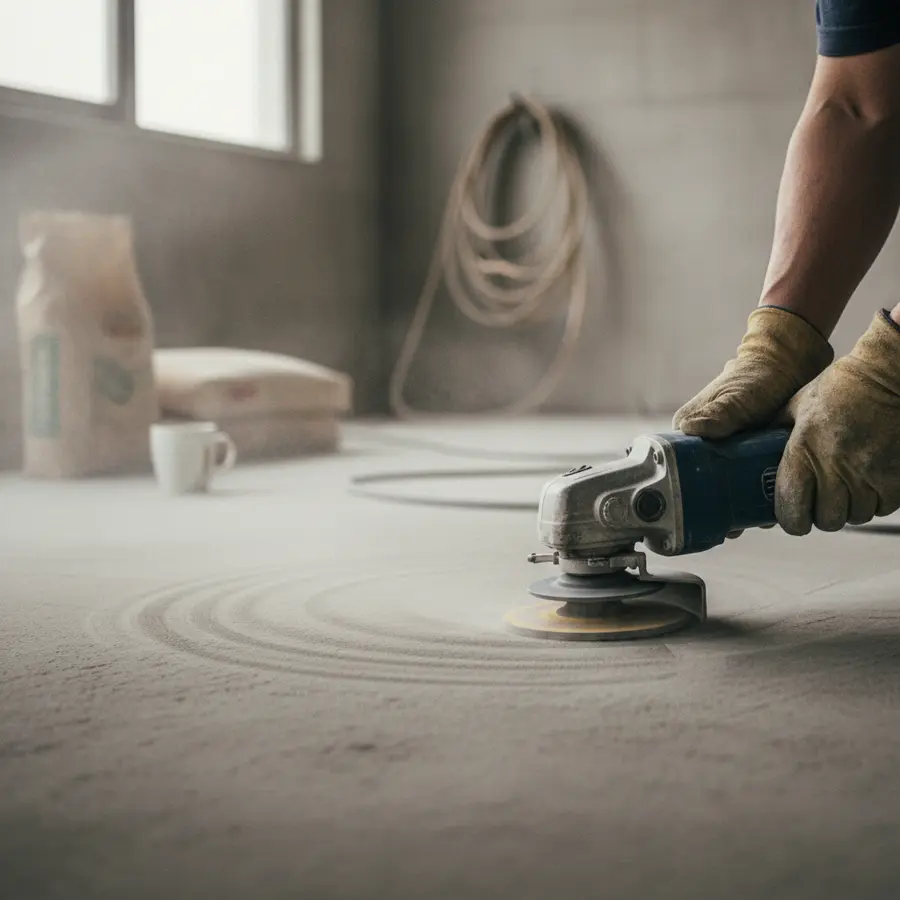 Lohnt sich ein Betonschleifer für zu Hause? Meine Einschätzung nach drei Einsätzen - Photo Betonschleifer für zu Hause im Einsatz auf grauem Boden, Hand hält Griff