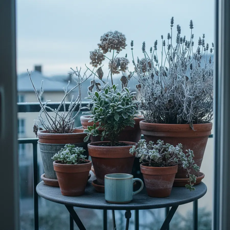 Meine winterharten Kübelpflanzen: Was nach drei Jahren auf dem Balkon wirklich überlebt hat - Photo Winterharte Kübelpflanzen auf Balkon nach drei Jahren im Raureif-Detail