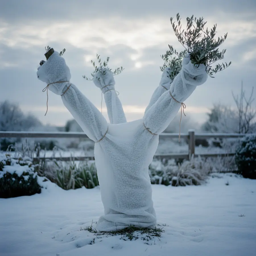 Olivenbaum winterhart machen: Meine Erfahrungen mit dem Frost im Garten - Photo Olivenbaum winterhart machen: Vlies umwickelter Baum im verschneiten Garten am Morgen