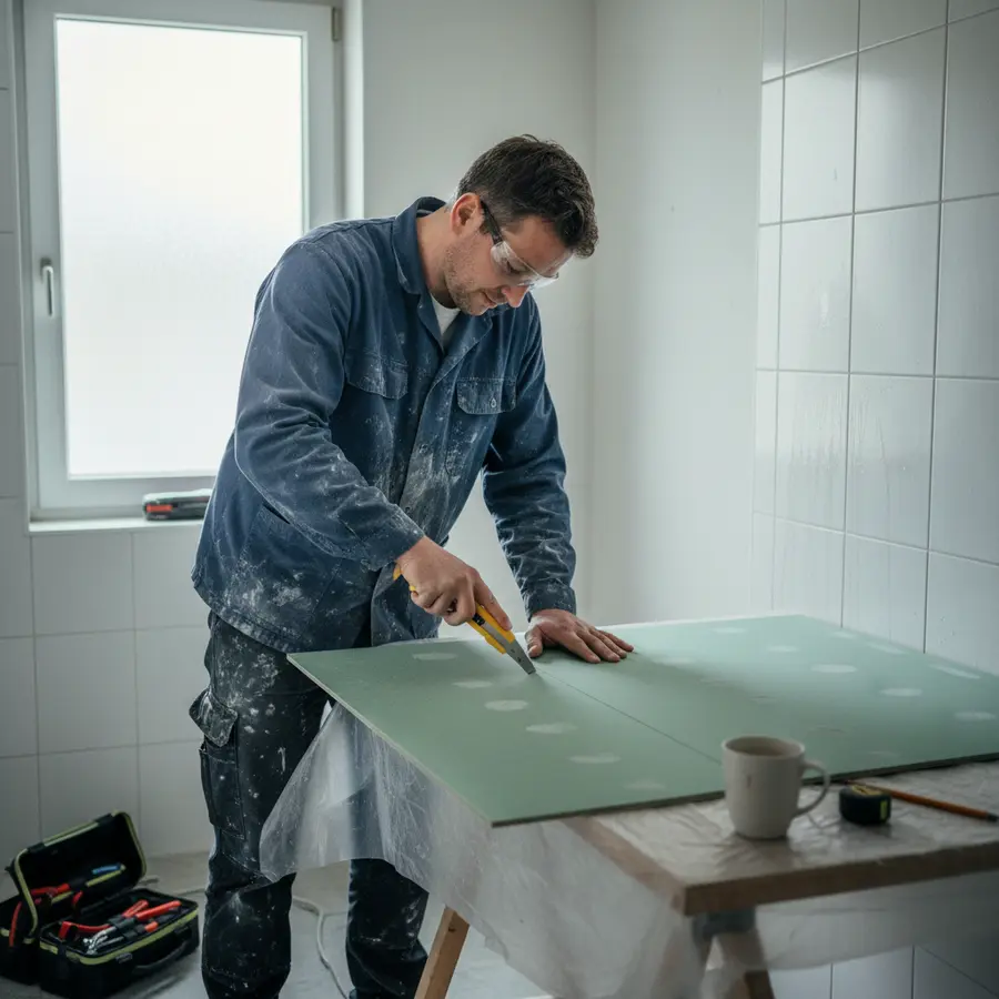 Rigipsplatten im Bad: Warum ich mich gegen die günstigste Variante entschieden habe - Photo Rigipsplatten im Bad: Heimwerker schneidet grüne Gipskartonplatte im feuchten Badezimmer