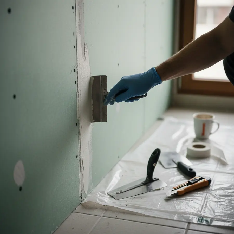 Rigipsplatten im Bad: Warum ich mich gegen die günstigste Variante entschieden habe - Photo Rigipsplatten im Bad: Hand trägt Dichtmasse an Gipskarton-Fuge auf
