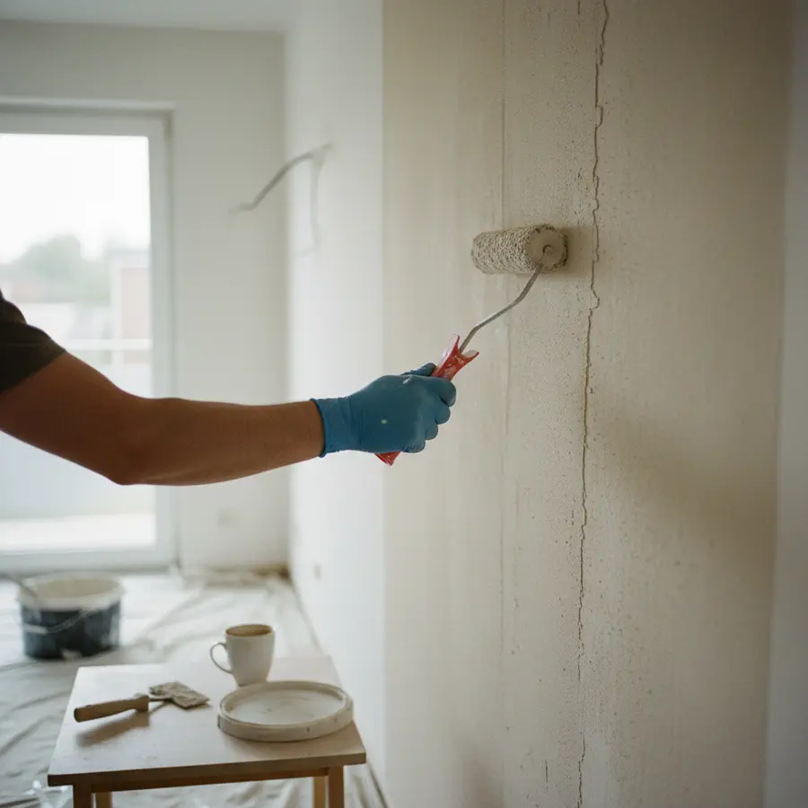 Rollputz innen: 3 Dinge, die ich vor dem Kauf gerne gewusst hätte - Photo Hand trägt Rollputz innen mit Spezialrolle auf Wand auf, Baustellenatmosphäre