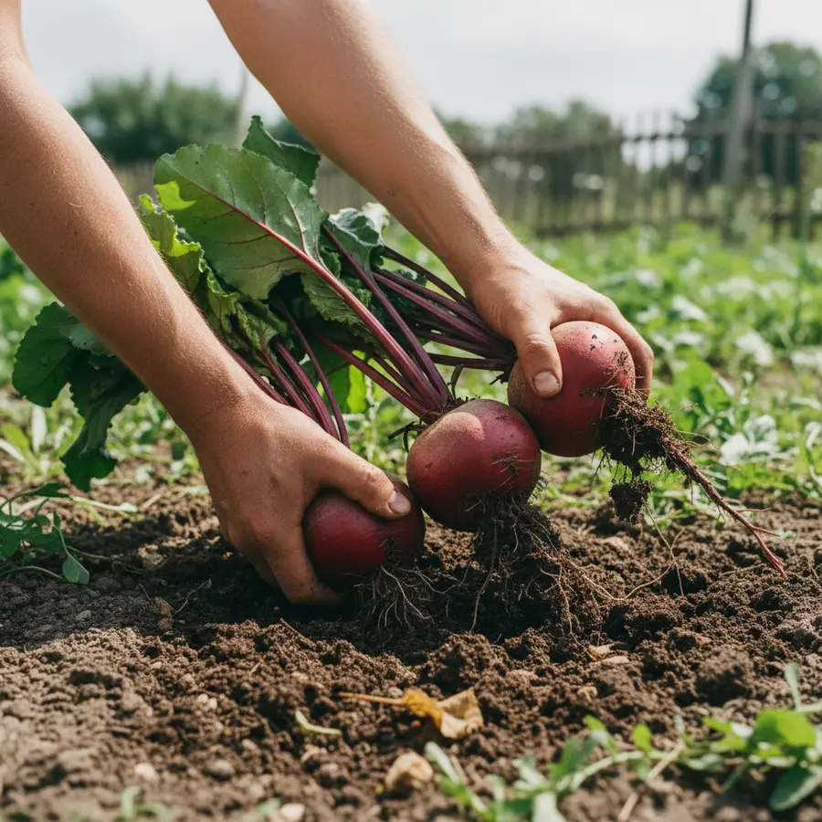 Rote Bete aus dem Garten ernten: Ein kleiner Praxistest - Photo Rote Bete aus dem Garten ernten, Hände ziehen rote Bete im Beet