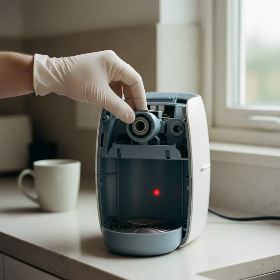 Senseo entkalken: Warum die rote Leuchte bei mir erst beim zweiten Mal ausging - Photo Senseo entkalken: Hand prüft Dichtung bei geöffneter Senseo-Maschine in Küche