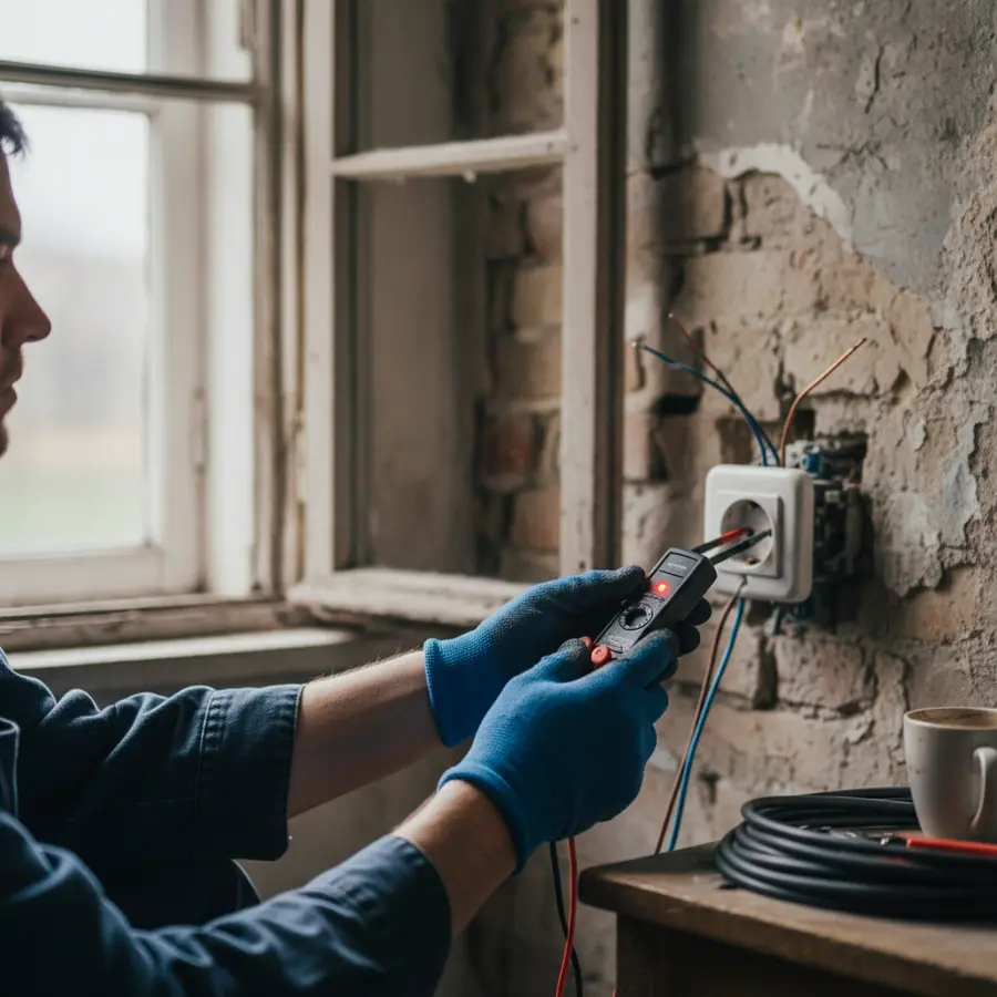 Sicheres Steckdose anschließen: Ein privater Blick auf Phasenprüfer und die richtige Verdrahtung - Photo Sicheres Steckdose anschließen: Elektriker überprüft mit Spannungsprüfer in Altbau