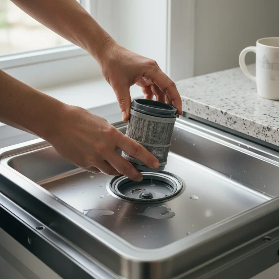 Spülmaschine reinigen: Warum meine Maschine trotz Putzen stank und was wirklich half - Photo Spülmaschine reinigen: Hände entfernen Filtersieb in Spülmaschine bei Tageslicht