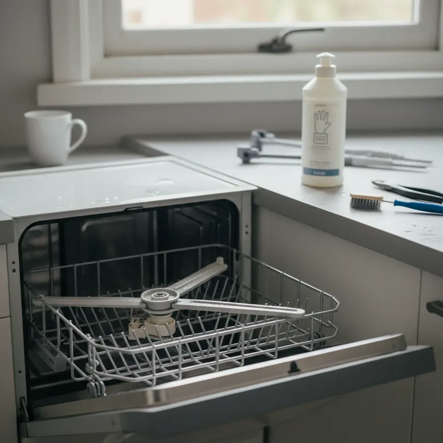 Spülmaschine reinigen: Warum meine Maschine trotz Putzen stank und was wirklich half - Photo Spülmaschine reinigen mit zerlegten Sprüharmen und Fachreiniger auf Arbeitsfläche