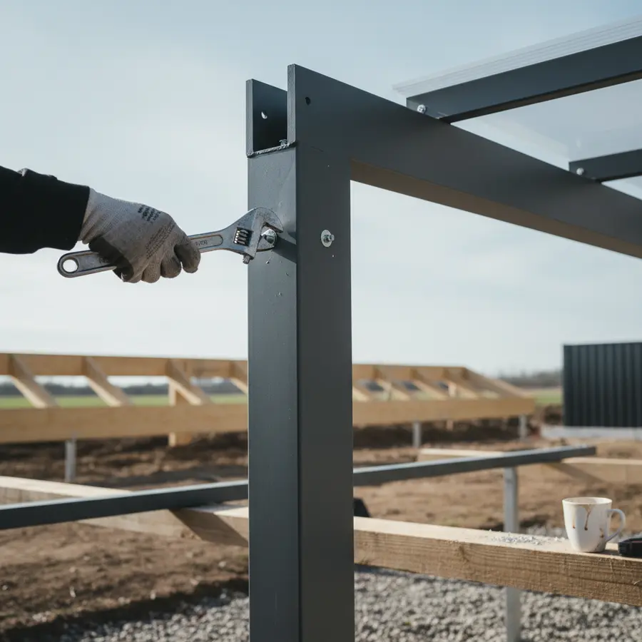 Terrassenüberdachung freistehend: 3 wichtige Punkte vor der Anschaffung beachten - Photo Terrassenüberdachung freistehend: Hand schraubt Metallstütze auf Baustelle bei Tageslicht