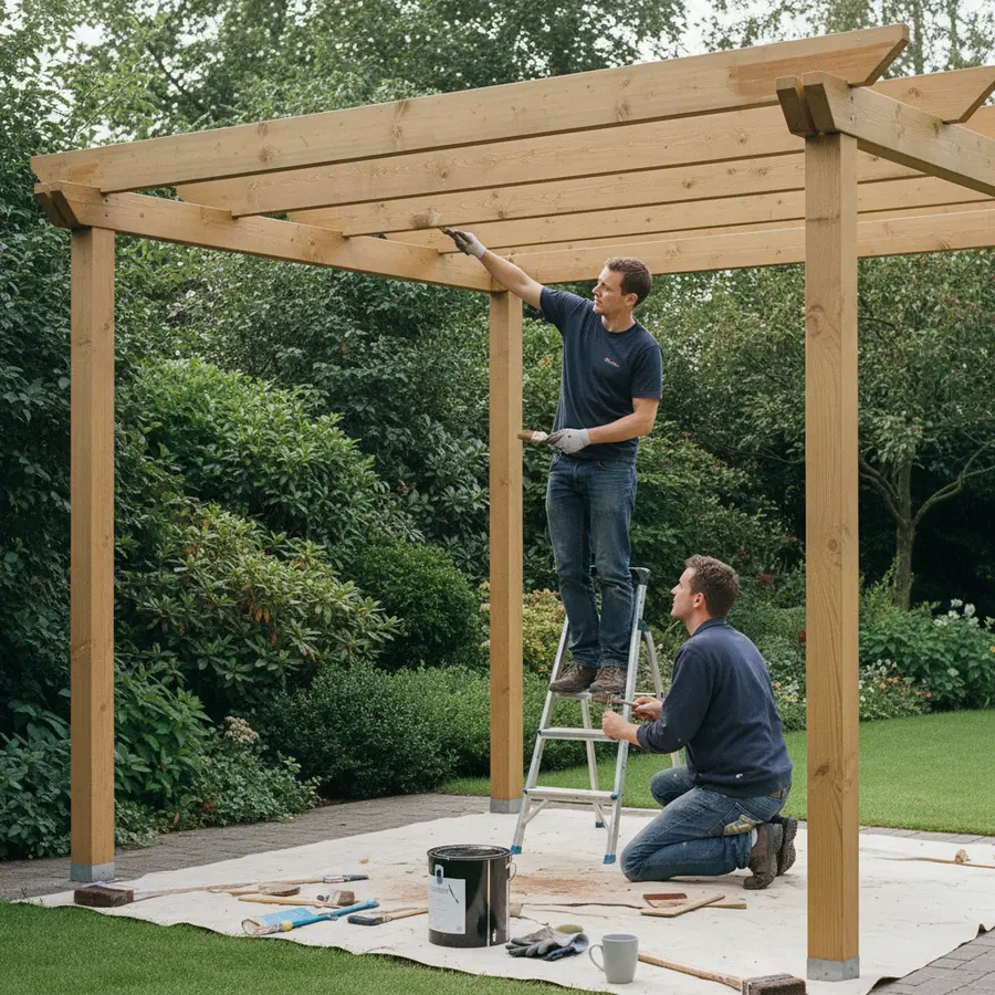 Terrassenüberdachung freistehend: 3 wichtige Punkte vor der Anschaffung beachten - Photo Terrassenüberdachung freistehend: Zwei Personen streichen Holzkonstruktion im Garten