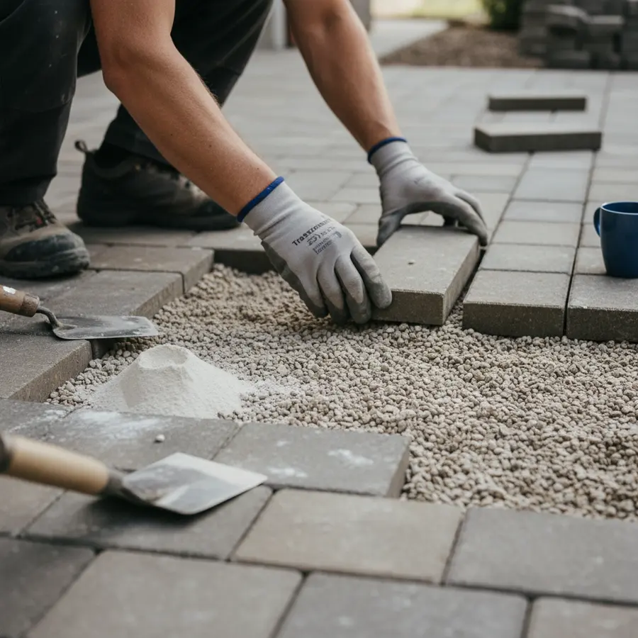 Trasszement beim Pflastern: Warum ich es verwende und was ich anders mache - Photo Handwerker verlegt Trasszement beim Pflastern auf Splittbett bei Tageslicht