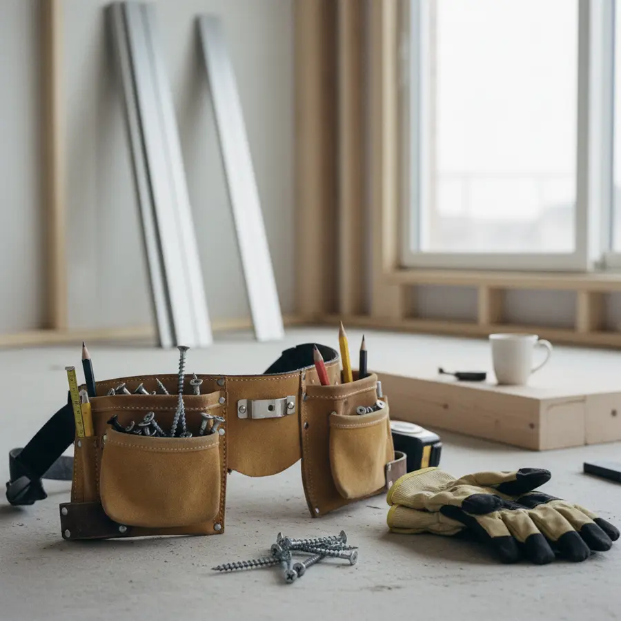 Trockenbau profile für Ständerwerke: Welche Typen ich für mein Projekt brauchte - Photo Trockenbau Profile für Ständerwerke: Werkzeuggürtel mit Schrauben und Bleistiften