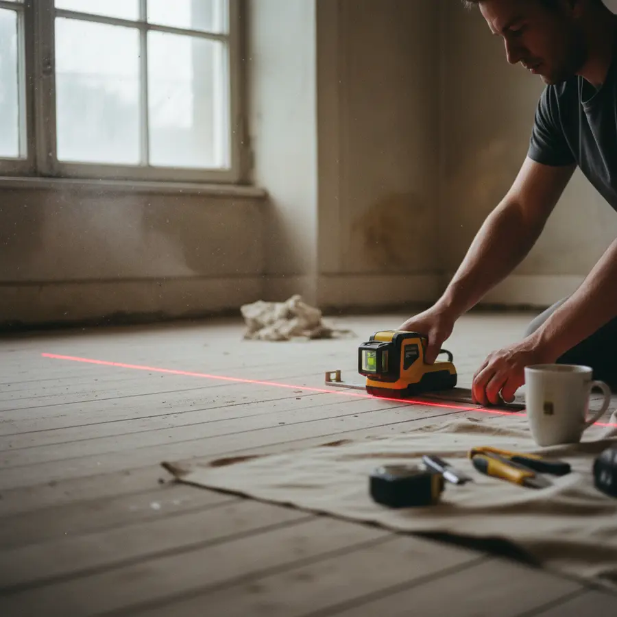 Trockenestrich oder Nassestrich: Warum ich mich für die trockene Variante entschieden habe - Photo Trockenestrich oder Nassestrich: Hand mit Laser auf Staubboden im Altbau
