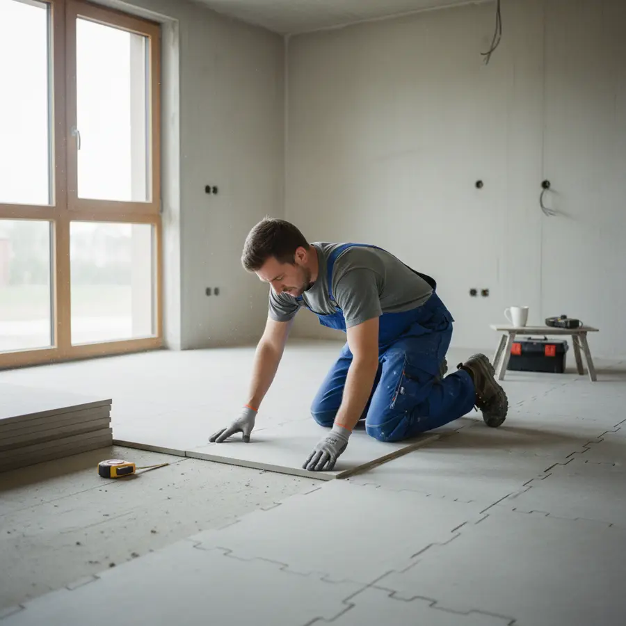 Trockenestrich oder Nassestrich: Warum ich mich für die trockene Variante entschieden habe - Photo Handwerker verlegt Trockenestrich im Rahmen der Entscheidung für Trockenestrich oder Nassestrich