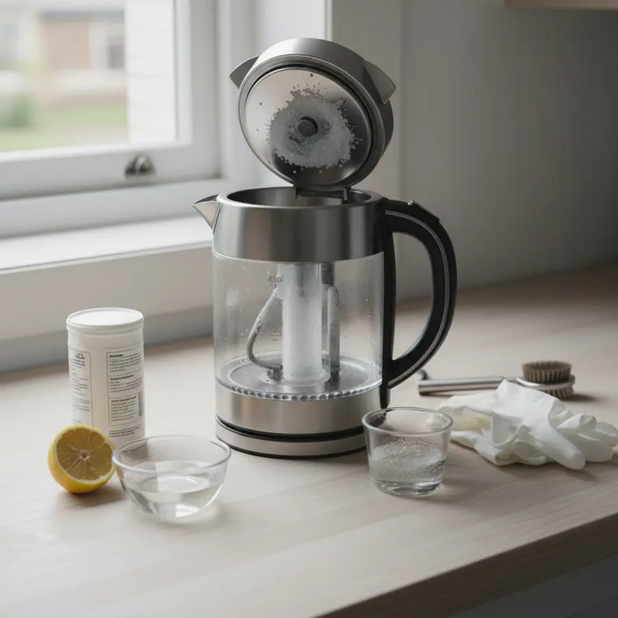 Wasserkocher entkalken mit Hausmitteln: Ein Vergleich von 3 Methoden aus meiner Küche - Photo Wasserkocher entkalken mit Hausmitteln auf Werkbank, inklusive Werkzeug und Reinigungs Tücher