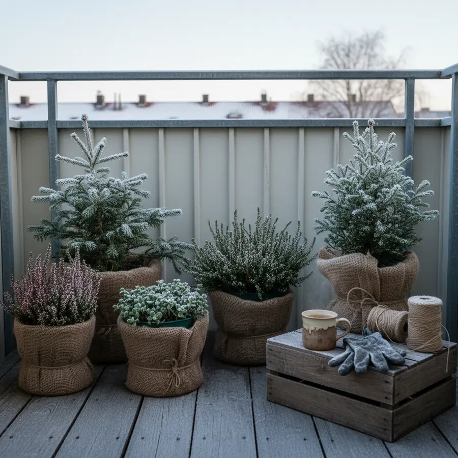 Winterharte Kübelpflanzen: Meine Auswahl für den Balkon und was den Frost wirklich überlebt hat - Photo Winterharte Kübelpflanzen auf Balkon bei Frost im frühen Morgen