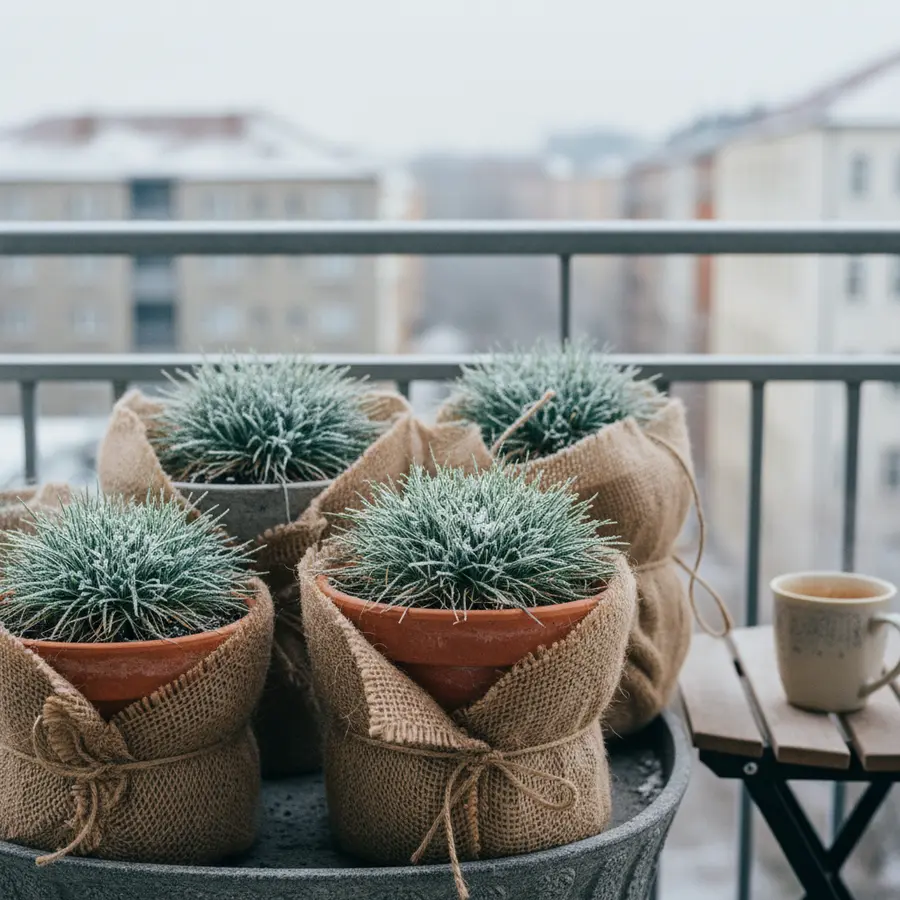 Winterharte Kübelpflanzen: Meine Auswahl für den Balkon und was den Frost wirklich überlebt hat - Photo Winterharte Kübelpflanzen im isolierten Vlies auf frostgeprültem Balkon