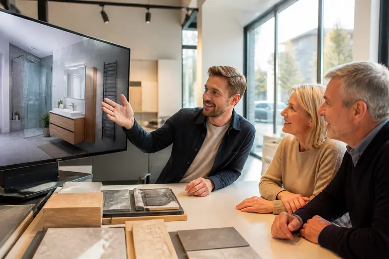 Innenarchitekt zeigt einem Paar eine detaillierte 3D-Planung für ihr neues Badezimmer in Neustadt.