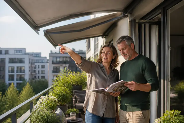 Ein deutsches Paar bespricht auf seinem Berliner Balkon verschiedene Markisenoptionen für den Sonnenschutz. Natürliches Licht beleuchtet die Szene.