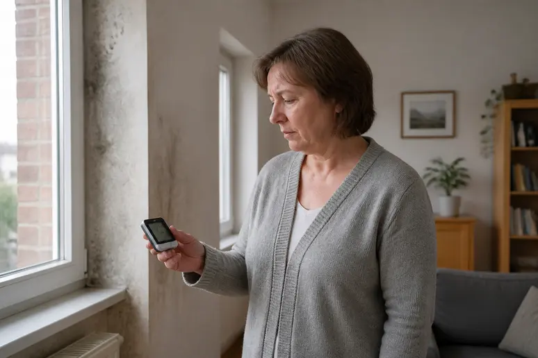 Eine besorgte Frau in einem Wohnzimmer prüft mit einem Hygrometer die Luftfeuchtigkeit an einer leicht feuchten Wand.