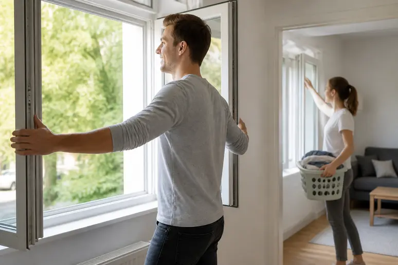 Ein junges Paar in Deutschland lüftet energisch seine Wohnung durch Stoßlüften, um die Luftfeuchtigkeit zu reduzieren.
